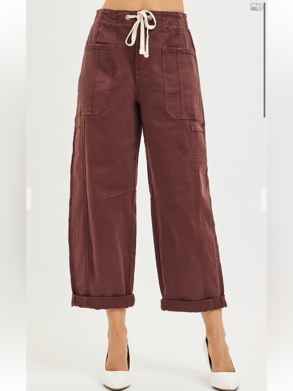 110 1B ❤️RISEN HIGH RISE CROP WIDE BARREL CARGO POCKET CUFFED PANTS